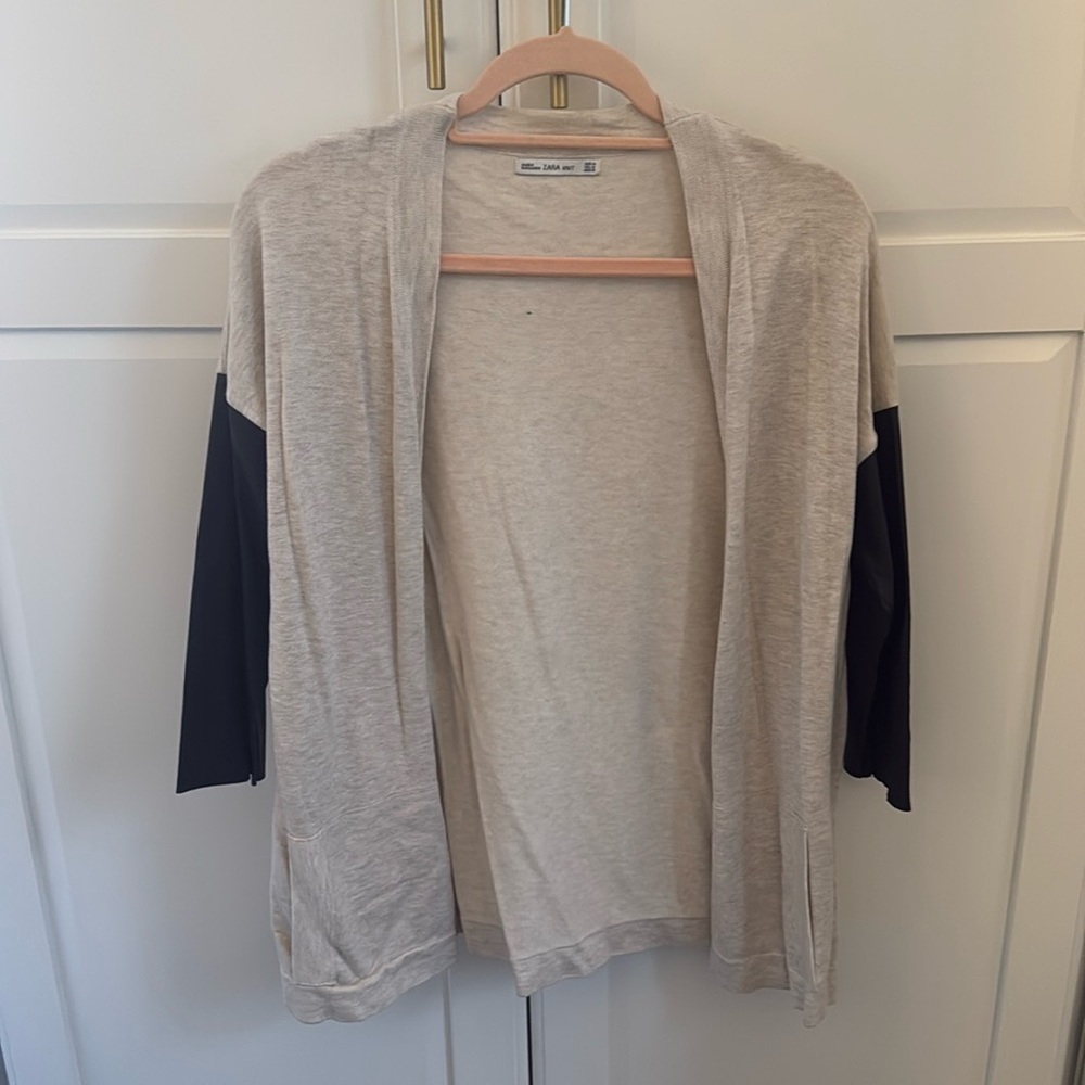 Zara open cardigan with leather sleeves